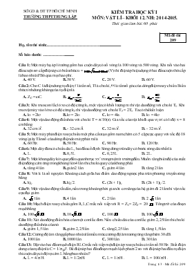 Kiểm tra học kỳ I môn Vật lí  Khối 12 năm học 2014 - 2015.Thời gian làm bài 60 phút